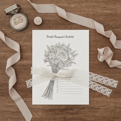 Stylized bridal bouquet checklist on a rustic wooden table with wedding accessories