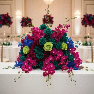Luxurious floral arrangement with jewel tones and vibrant colors, set against a wedding reception backdrop