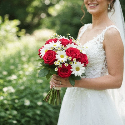 Beautiful wedding bouquet featuring a mix of affordable flowers like roses and daisies, held by a bride in a soft focus background, natural lighting, no text, no words, no typography, 8K