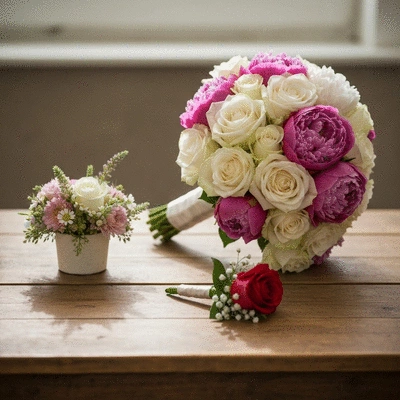 A collection of wedding floral elements, including a bridal bouquet, boutonniere, and a small centerpiece, arranged beautifully on a rustic wooden table, soft natural light, elegant and romantic, no text, no words, no typography, 8K