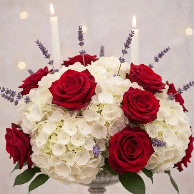 Elegant wedding floral centerpiece with soft lighting