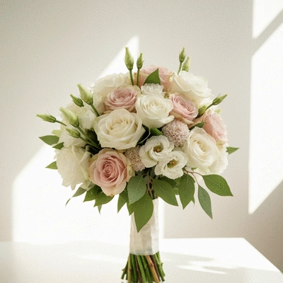 Elegant wedding bouquet with white and blush flowers, green foliage, on a clean background
