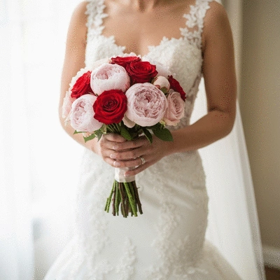 Elegant bridal bouquet featuring a mix of roses and peonies, held by a bride in a wedding dress, soft natural lighting, no text, no words, no typography, clean image