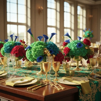 Wedding table setting with vibrant jewel tones and elegant floral centerpiece
