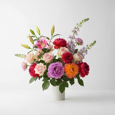 Arrangement of seasonal wedding flowers, showcasing variety, clean background