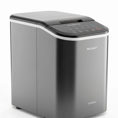 Close-up product shot of a sleek, modern portable ice maker on a clean white background