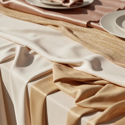 Close-up of layered wedding table linens with different textures and colors