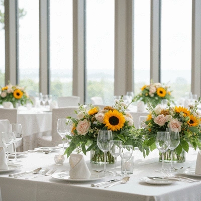 Wedding reception table with seasonal flower arrangements