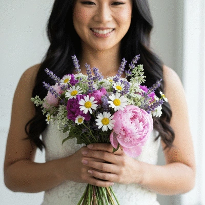 Close-up of a sustainable bridal bouquet featuring seasonal and locally sourced flowers with natural textures