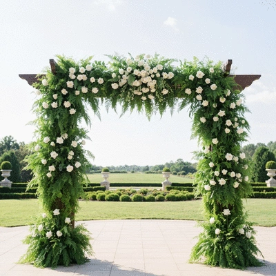 Beautiful wedding arch, possibly arbor or trellis style, adorned with flowers and greenery, set in an outdoor wedding venue