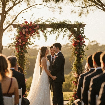 A couple standing under a beautifully decorated wedding arch at an outdoor ceremony, symbolizing their commitment