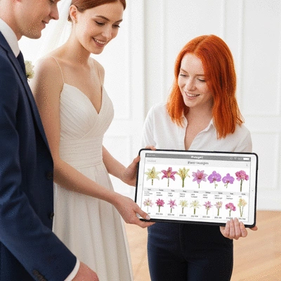 Close-up of a bride and groom reviewing flower options with a floral designer, showing various flower samples and a budget spreadsheet on a tablet, bright, clean, professional setting, no text, no words, no typography, 8K