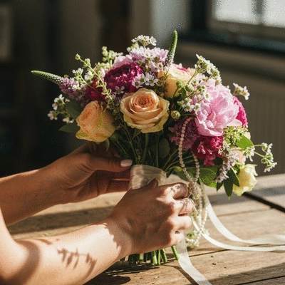 Close-up of hands arranging a DIY wedding bouquet with various flowers and ribbons on a rustic wooden table, soft focus background, natural lighting, no text, no words, no typography, 8K