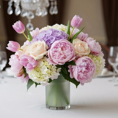 Close-up of a wedding centerpiece with various flowers, soft lighting, elegant setting, no text, no words, no typography, clean image