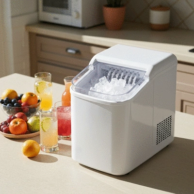 Modern portable ice maker producing ice on a kitchen counter, surrounded by fresh drinks and fruit