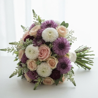 Close-up of a beautifully arranged wedding bouquet with various seasonal flowers, soft lighting, elegant and romantic feel